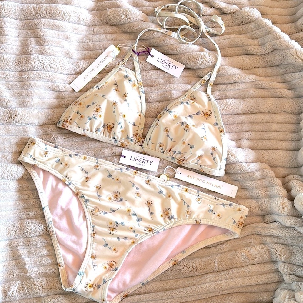 Brand New Antonio Melani Ivory Bikini Floral Triangle Bra Retro Bottoms Swimwear
